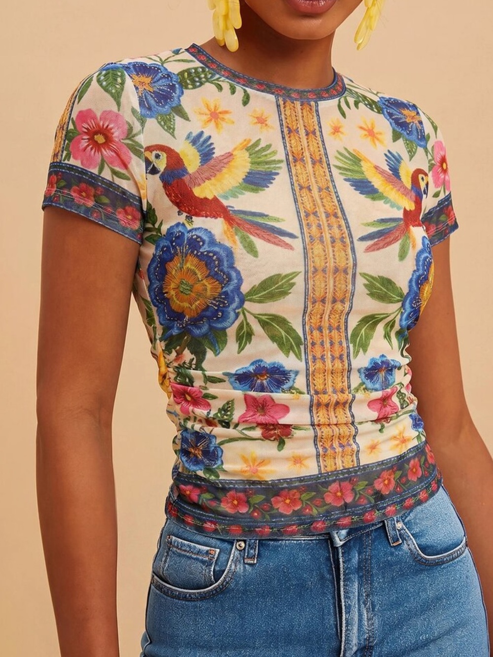SHEIN Floral Short Sleeve Sheer Mesh Top in Multicolor